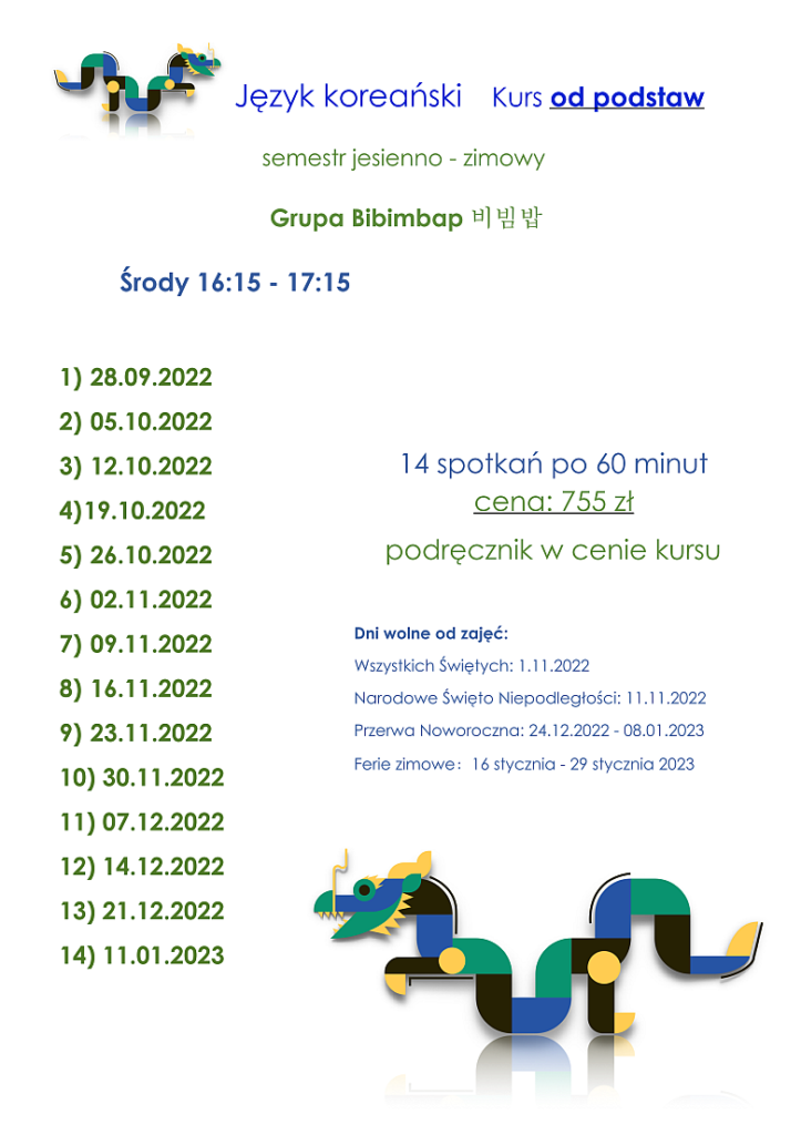 Harmonogram kursu języka koreańskiego od podstaw. Semestr jesienno-zimowy 2022-2023. Grupa Bibimbap