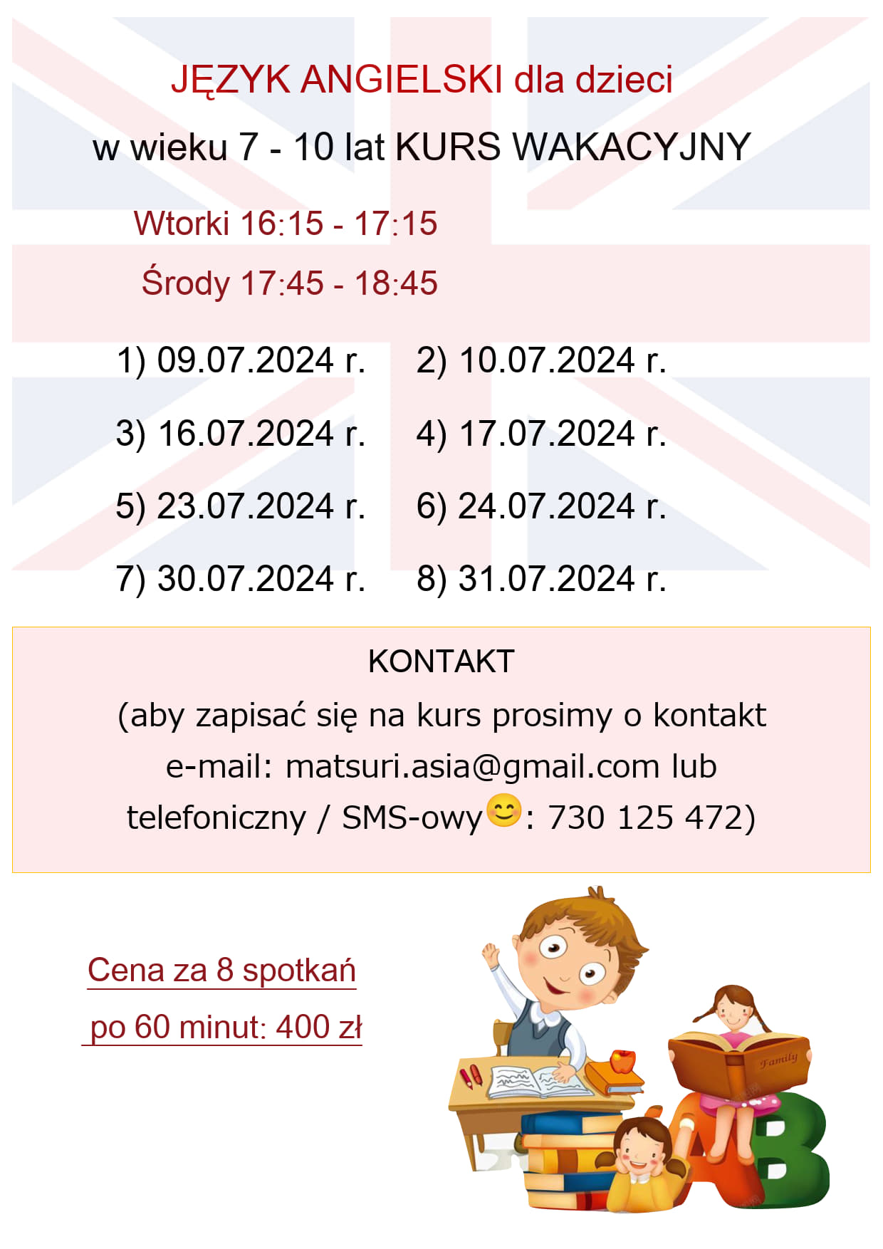 Wakacyjny kurs angielskiego dla dzieci - start 09.07.2024