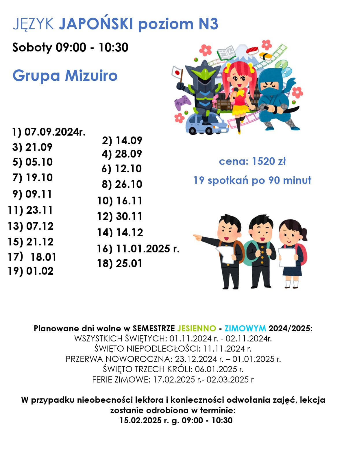 Harmonogram kursu języka japońskiego poziomu N3 - grupa Mizuiru - start 07.09.2024