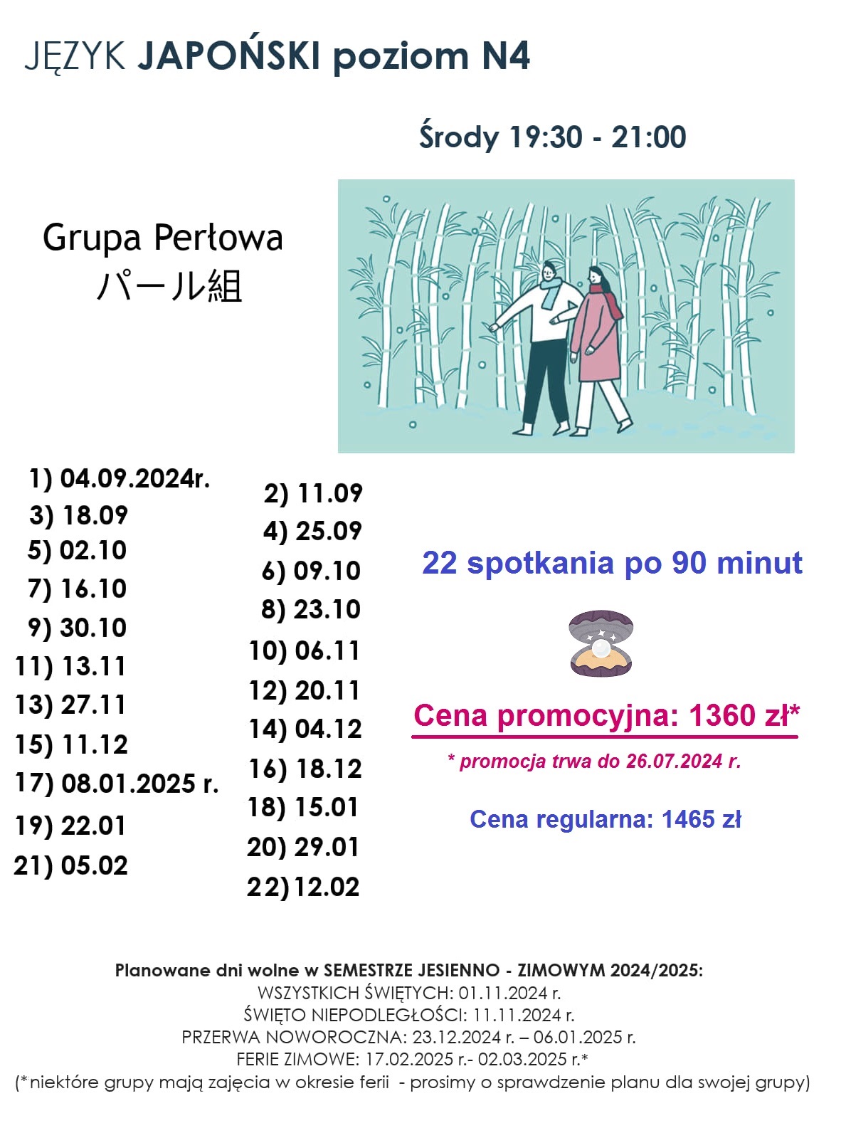 Harmonogram kursu języka japońskiego poziomu N4 - grupa Paary - start 04.09.2024