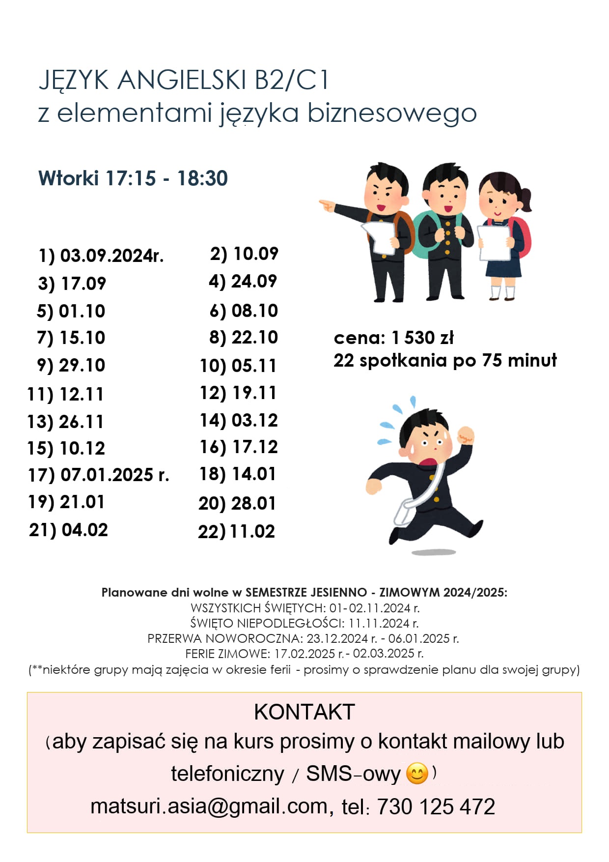 Harmonogram kursu języka angielskiego poziomu B2/C1 z elementami języka biznesowego, start 03.09.2024