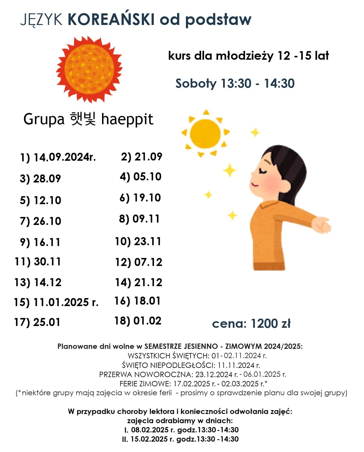 Harmonogram kursu Języka Koreańskiego od podstaw - grupa Haeppit, start 14.09.2024