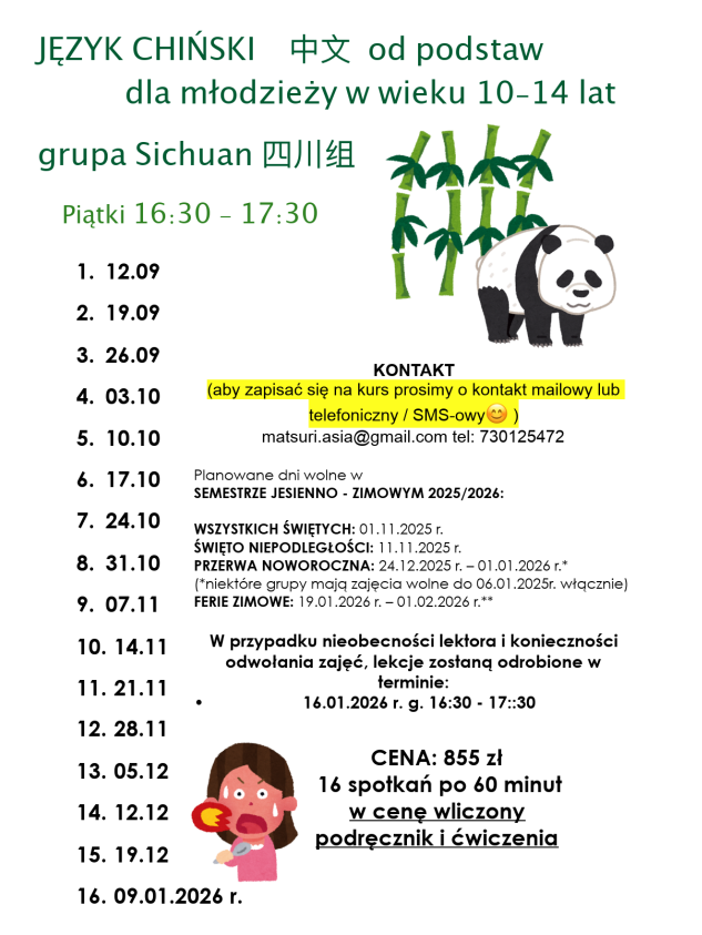 Harmonogram kursu języka chińskiego - grupa Sichuan - start 12.09.2025 r.