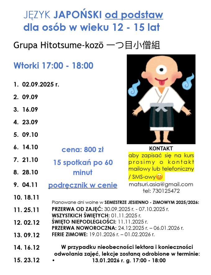 Harmonogram kursu Języka Japońskiego od podstaw dla osób 16+, grupa Hitotsume-kozo, start 02.09.2025 r.