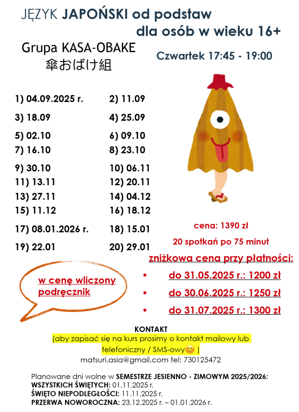 Harmonogram kursu Języka Japońskiego od podstaw dla osób 16+, grupa Kasa-obake, start 04.09.2025 r.