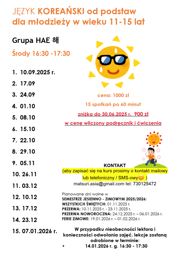 Harmonogram kursu Języka Koreańskiego - grupa Hae - start 1.09.2025 r.
