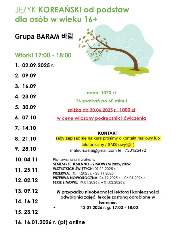Harmonogram kursu Języka Koreańskiego - grupa Baram - start 02.09.2025 r.